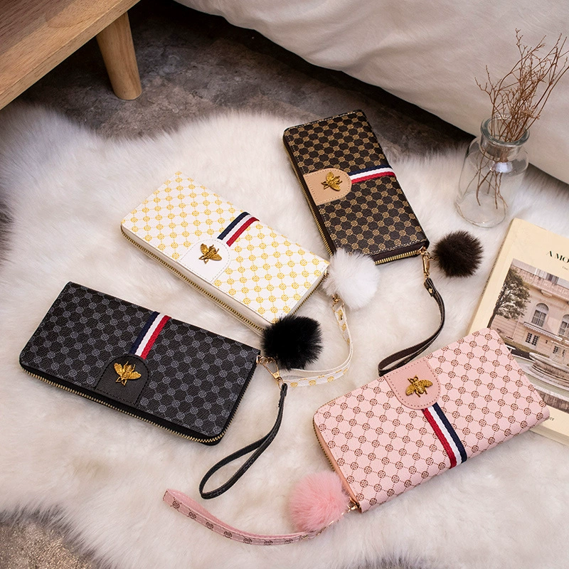 2024 новый стиль контрастный цвет женский кошелек повседневный принт пчела маркировка бумажник для украшения волосяной шарик средней и длинной клатч