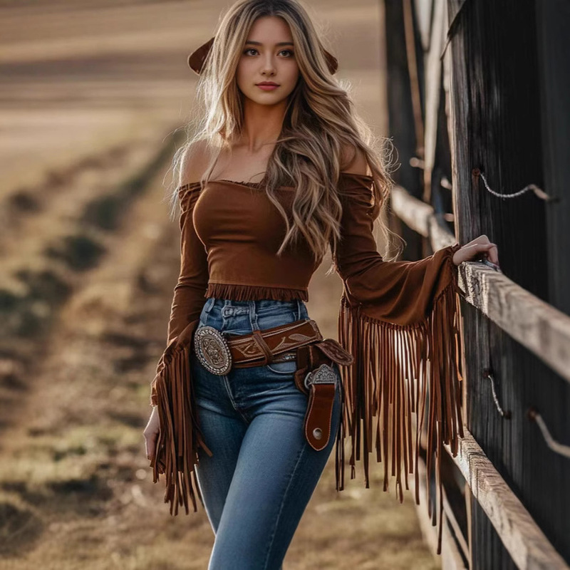 Retro Western Style Tassel Off Shoulder Women's Top T-Shirt