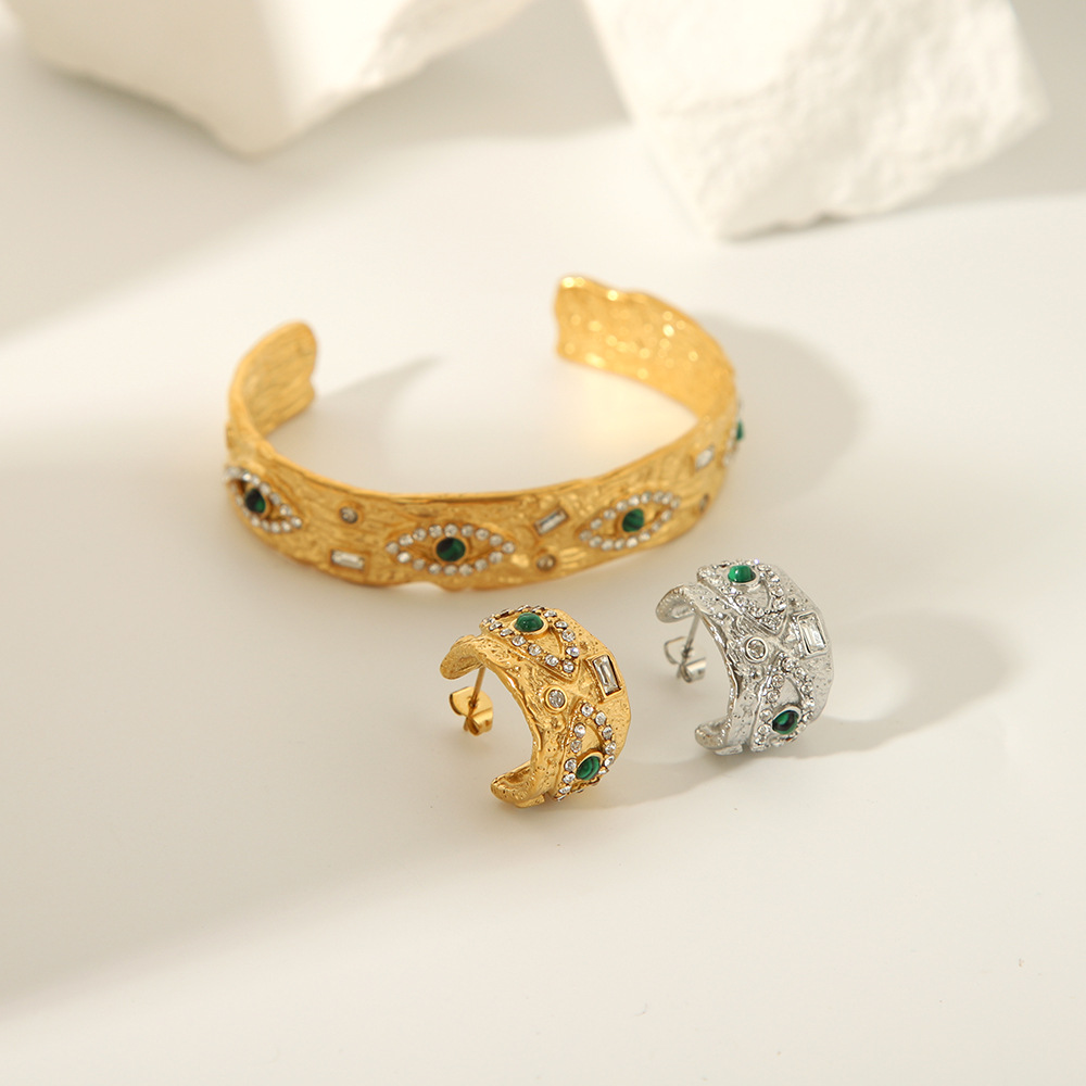 French retro 18K textura malaquita ángel ojo mano circón marca cuadrada joyería de moda pulsera abierta de lujo ligero C