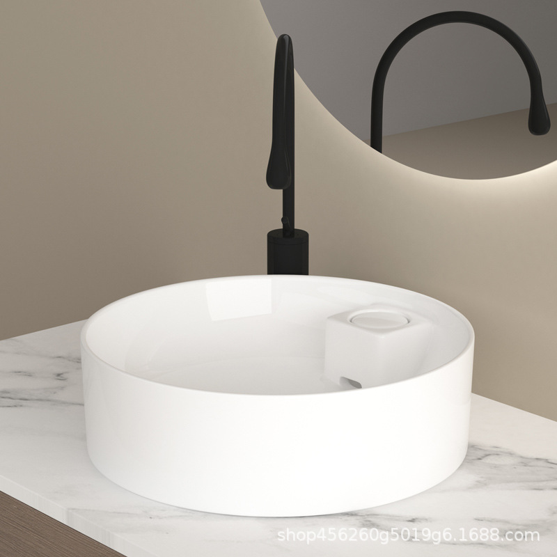 Ceramic Countertop Wash Basin Home Balcony Wash Basin Ceramic Bathroom Hidden Drain Classic Round Basin