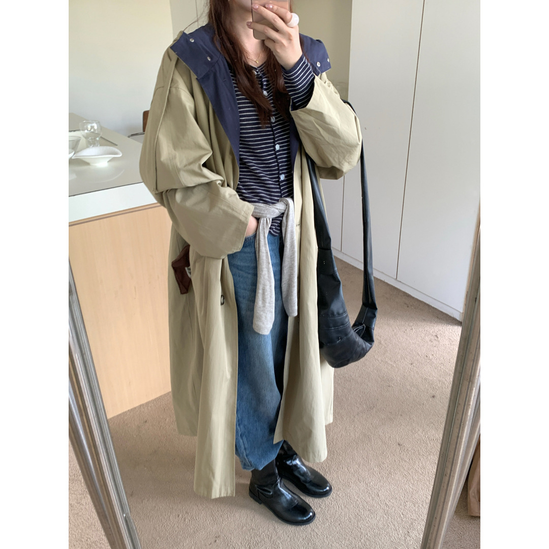 Gagd Mid-Length Contrasting Color Stand-Up Collar Hooded Jacket Windbreaker for Women 2025 Autum New Retro Miu Style Windbreaker