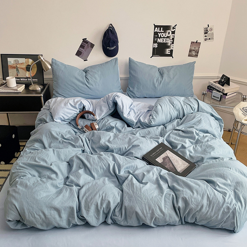 Ins Style Solid Color Four-Piece Set Student Dormitory Three-Piece Set Duvet Cover Fitted Sheet Washed Cotton Fitted Sheet Style
