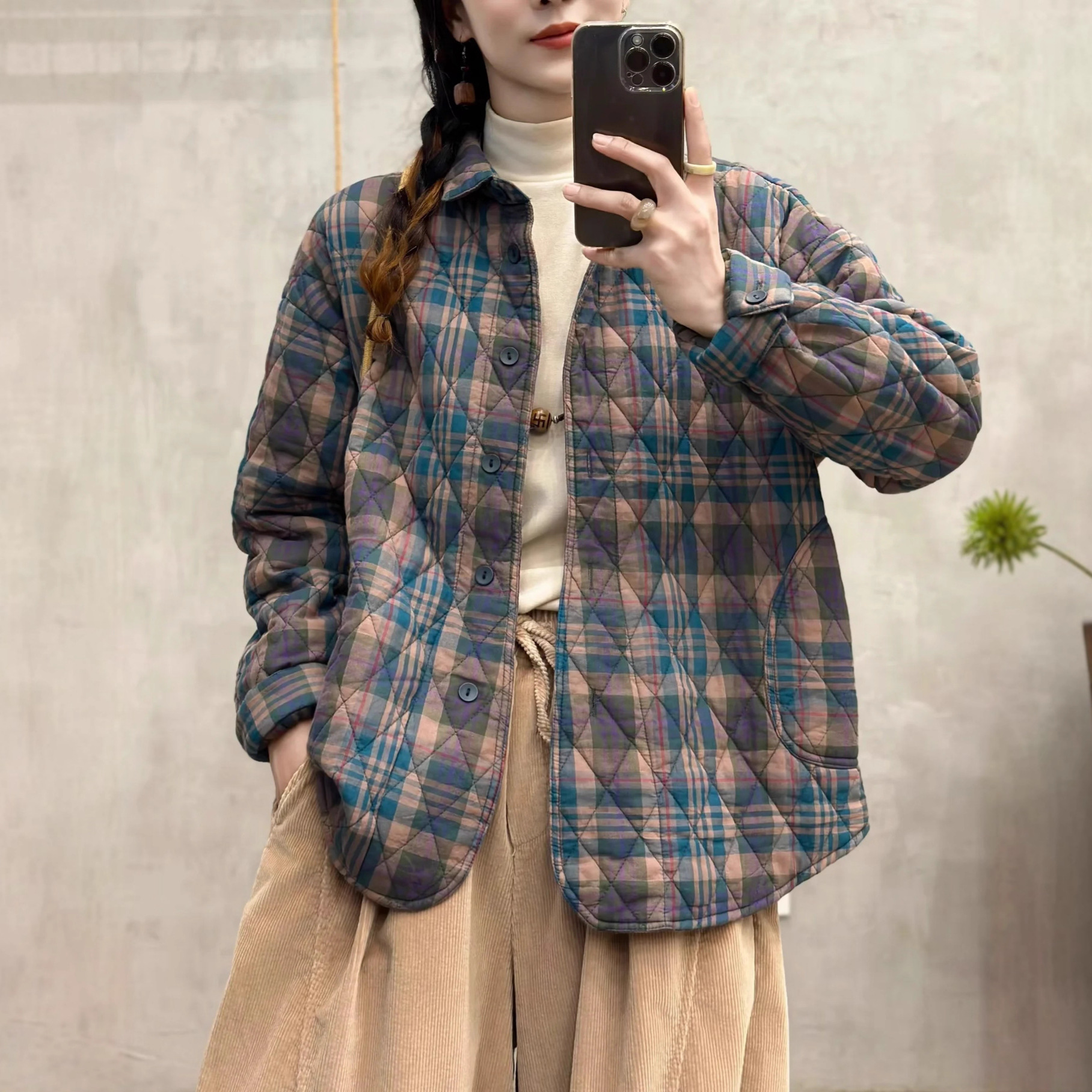 两面穿 格纹印花轻薄休闲棉衣 女2025秋冬新款夹棉衬衫外套 82434