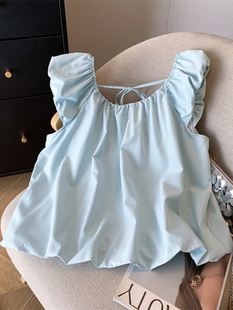Blue Puff Sleeve Short Top for Women Summer French Design Chic Suspender Babydoll Shirt Small Flying Sleeve Sleeveless Shirt