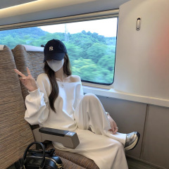 韓国風早春白いオフショルダースウェットパンツツーピースセット女性用2025新作カジュアル着痩せ効果スーツ