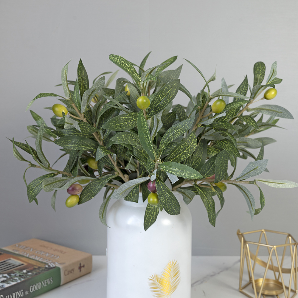 仿真綠植橄欖枝 3叉帶果橄欖枝假樹枝婚慶家居攝影道具插花材裝飾