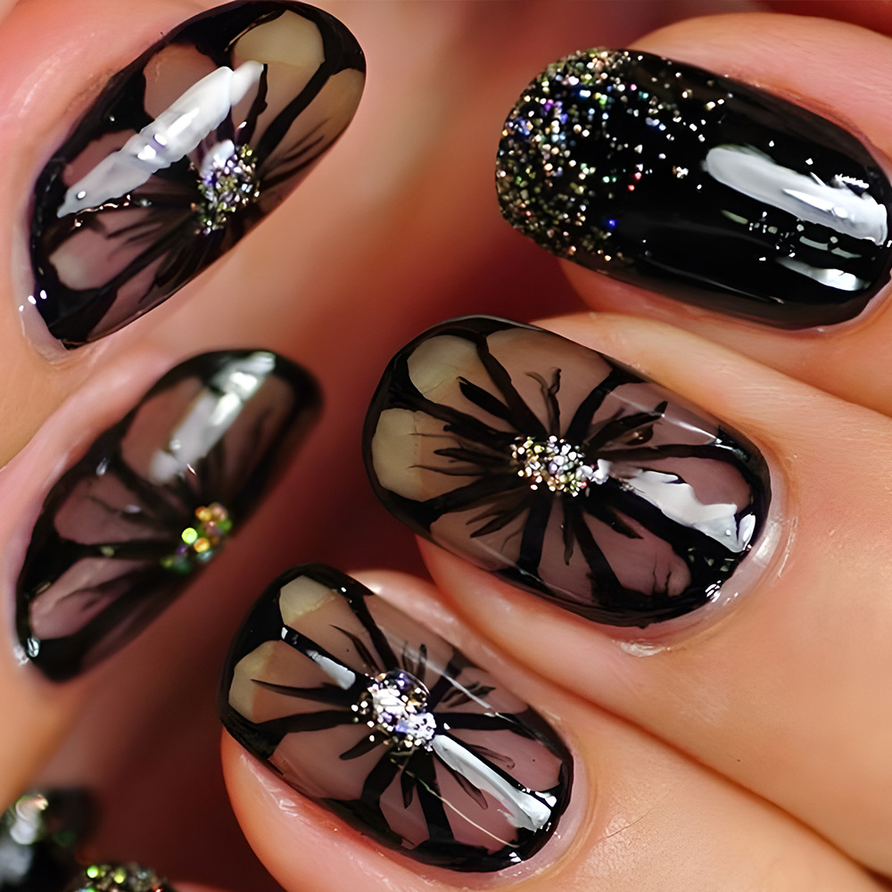 Hielo a través de crisantemo negro dulce y cool manicure parche de uñas corto brillo de polvo parche de uñas flores de venta caliente en Europa y América para usar uñas