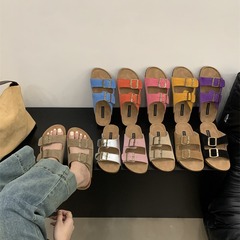 388-2~厚底森系復古磨砂真皮露趾博肯涼拖鞋女外穿2024年夏季新款