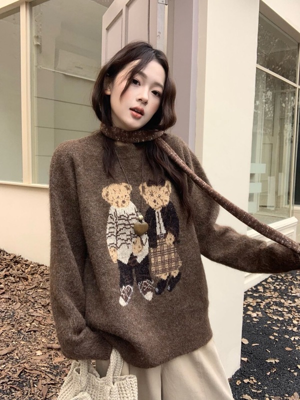 复古卡通小熊刺绣套头毛衣女2025秋冬新款韩版宽松慵懒针织外套厚|undefined