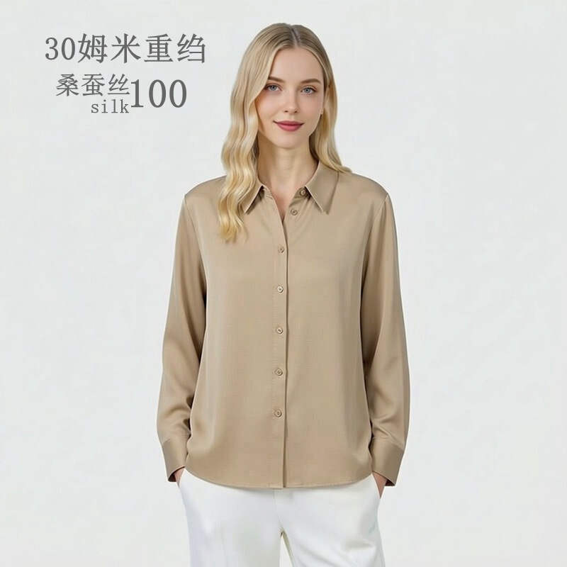 Spring and Autumn New Style Mulberry Silk Shirt for Women, Turn-Down Collar Top, 30 Momme Heavy Crepe, Premium Silk Shirt for Women, Long Sleeve, Elegant