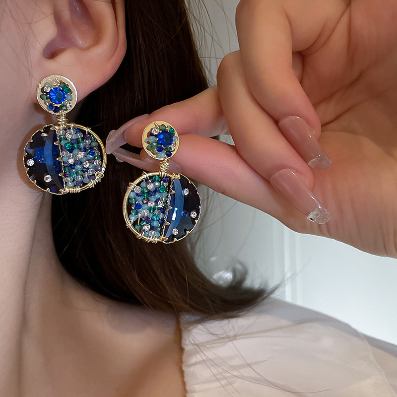 Retro Round Copper Earrings Inlay Rhinestone Zircon Copper Earrings