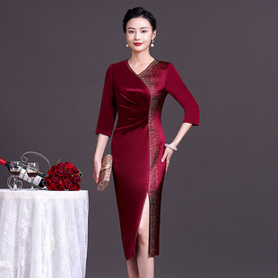 High-end Atmospheric Wedding Banquet Autumn Wedding Dress Middle-aged Mother Wine-red dress Improved Cheongsam High-end Dress