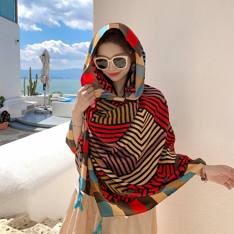 2023 nuevo color geométrico a juego rayas de algodón y lino sensación bufanda viaje toalla playa estilo étnico al aire libre decorativo chal