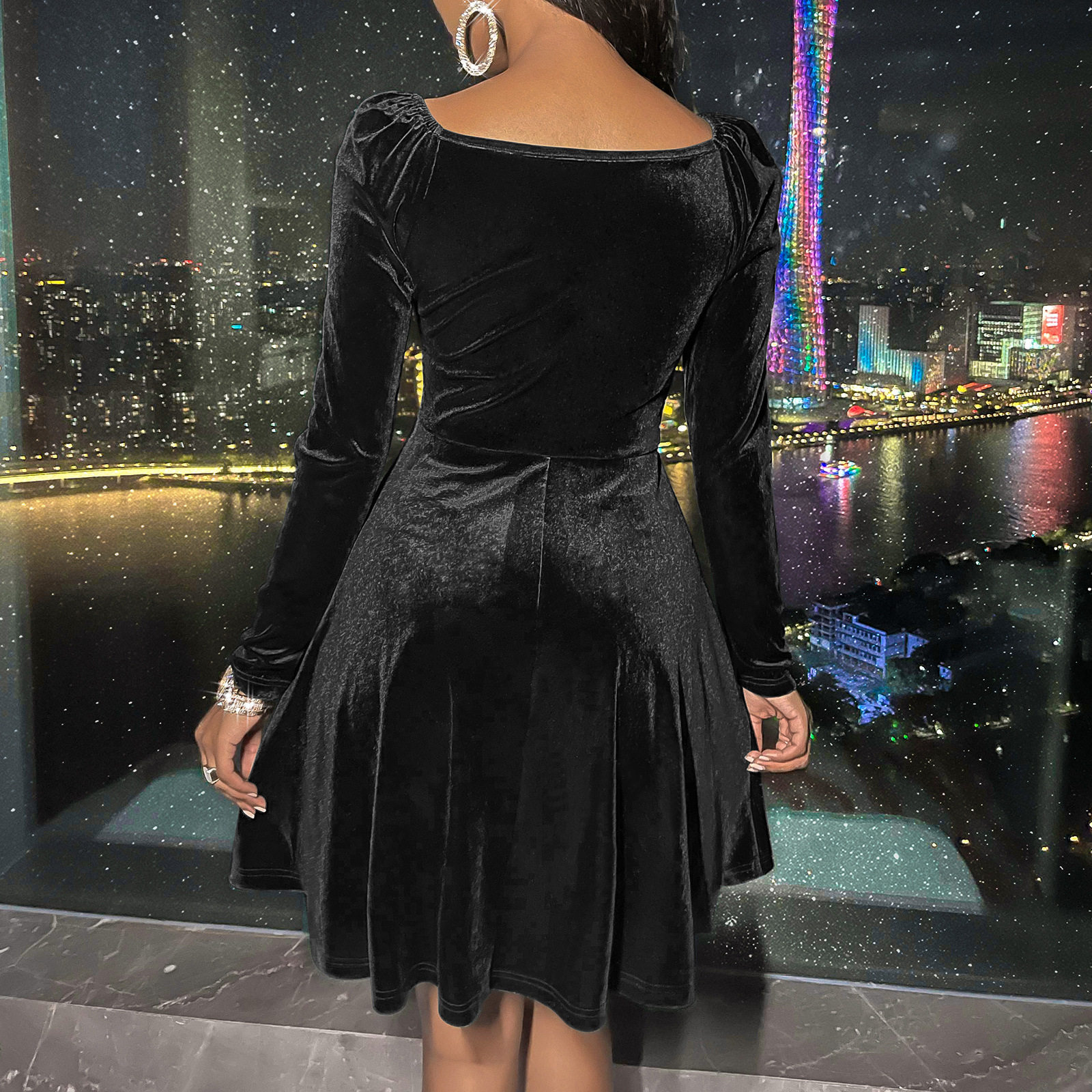 Women's A-line Skirt Streetwear V Neck Zipper Splicing Long Sleeve Solid Color Midi Dress Daily display picture 2