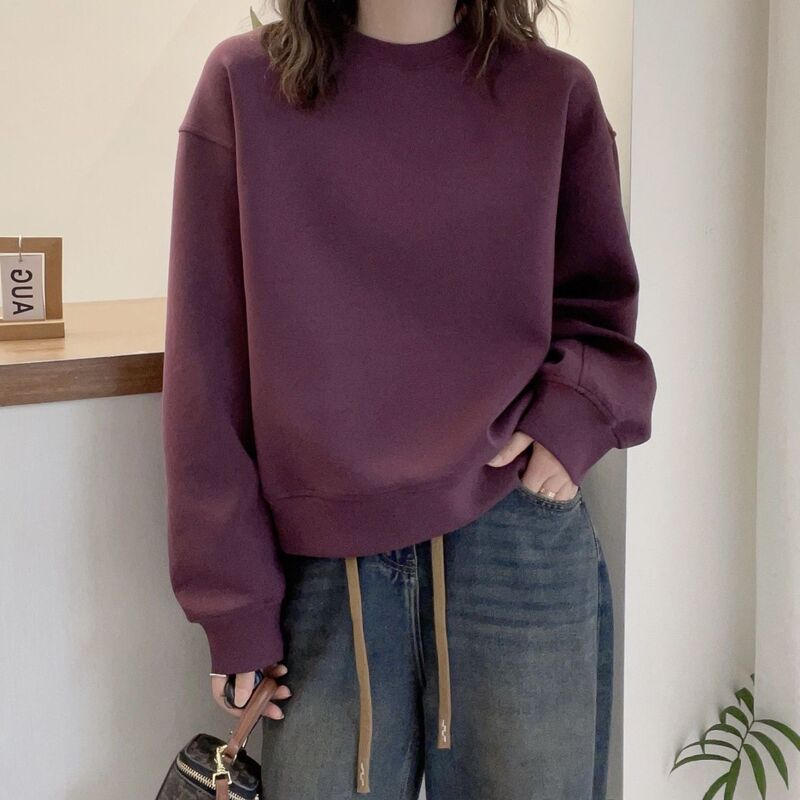 Solid Color Thick Versatile Wearable Round Neck Top with Fleece Loose Short Sweatshirt for Women Korean Style Casual Inner Wear