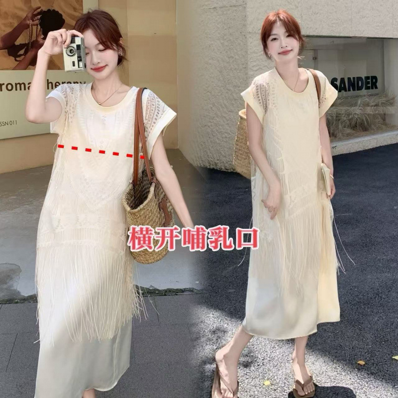 夏季哺乳衣外出辣妈款产后喂奶甜美流苏镂空罩衫假两件哺乳连衣裙|undefined