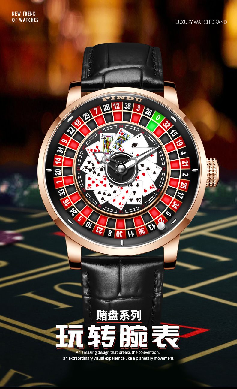 Đồng hồ nam automatic lộ máy mặt số trò chơi roulette — Thẻ đỏ da đen, Hồng nhãn đỏ da xanh, Hồng đỏ thẻ xanh da, Hồng da đỏ vành đai lưới chi tiết 1