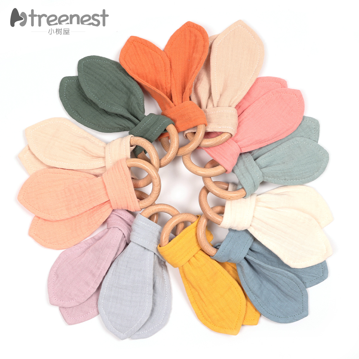 婴儿兔耳朵木制咬环婴儿棉质纱布木制磨牙圈宝宝手抓训练安抚玩具