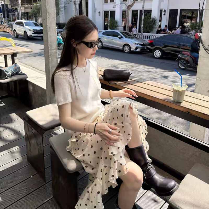 Fan Sun·Xh Korean Style Polka Dot Skirt Similar to Teng Jie'S, Dongdaemun Summer New Irregular Ruffle A-Line Skirt