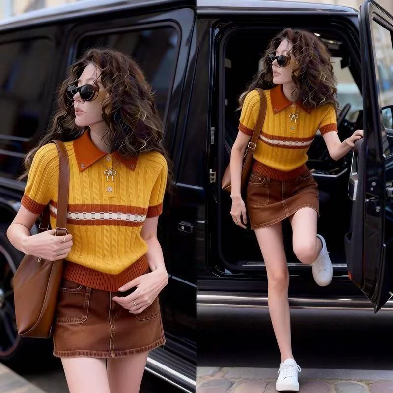 Fashionable Polo Collar Design Orange Knit Sweater for Women 2026 Summer New Casual Slim-Fit Short-Sleeve Top Fashionable Polo Collar Design Orange Knit Sweater for Women 2026 Summer New Casual Slim-Fit Short-Sleeve Top