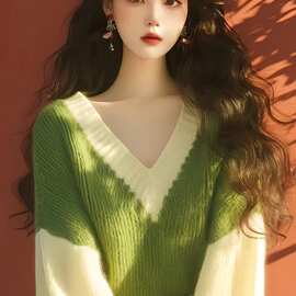 慵懒风高级感绿色v领毛衣女秋冬季新款时尚宽松显瘦气质针织上衣
