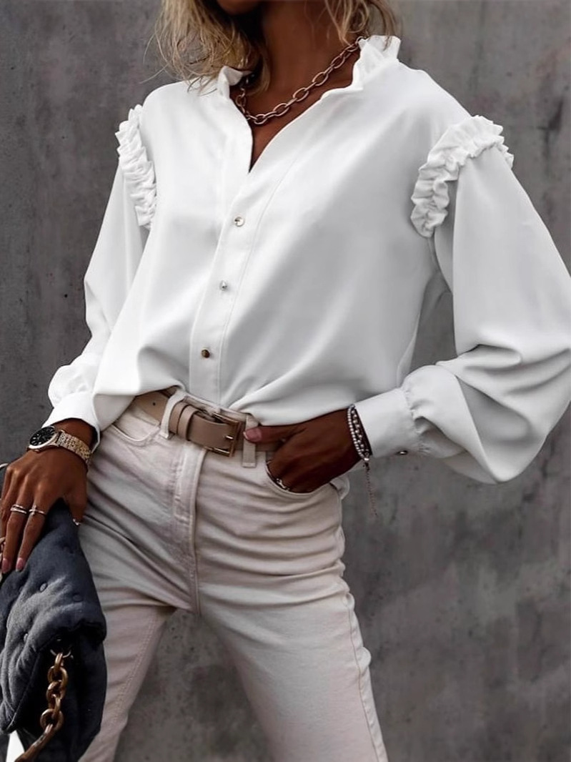 Comercio exterior transfronterizo exclusivo 2025 moda nuevo estilo linterna manga de una sola fila botones color sólido camisa de manga larga blusa damas image 3