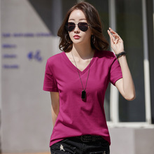 一件代发夏季新款短袖T恤女宽松纯棉V领大码纯色上衣紫色跨境货源