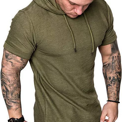Men's Casual Bamboo Pure Color T-Shirt Men's Casual Hooded Sports Short-Sleeved T-Shirt
