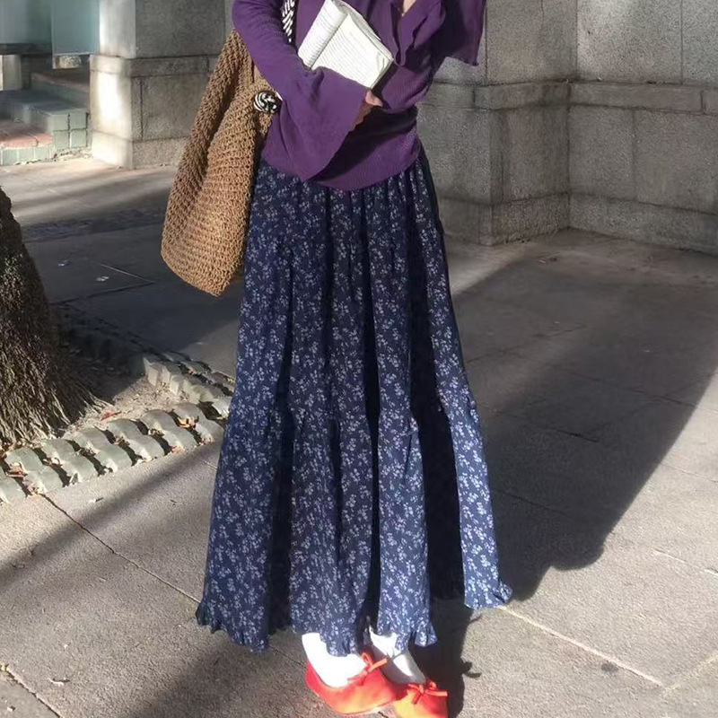 韩式复古碎花半身裙女春 2025 新款高腰休闲慵懒风秋冬蛋糕长裙子|undefined