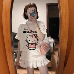 日本の夏の作業服純綿半袖 Tシャツ女性用キティハローキティプリント半袖 Tシャツ面白いトップス