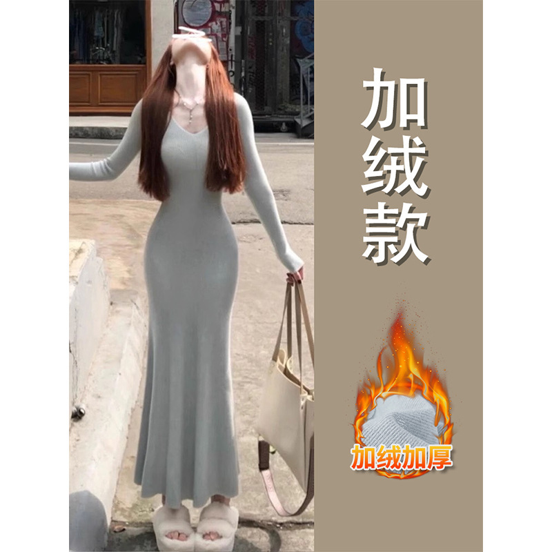 黑色穿搭v领步步生莲鱼尾裙女冬季针织内搭连衣裙v领赫本风连衣裙|undefined