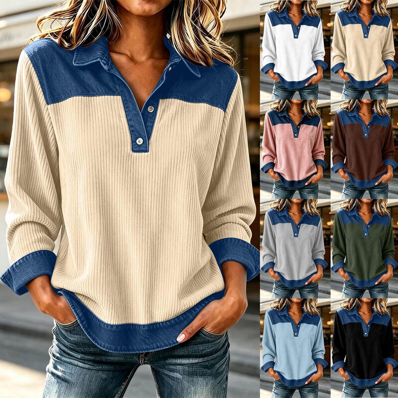 2026 Cross-border European and American Amazon Corduroy Color Block Denim Women's Long Sleeve Shirt 2026 Cross-border European and American Amazon Corduroy Color Block Denim Women's Long Sleeve Shirt