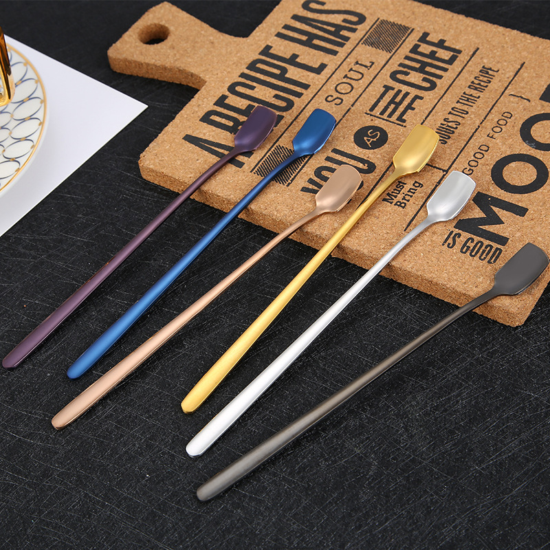 304 Stainless Steel Mixing Spoon, Square-Headed Ice Spoon, Creative Tableware, Mug, Long-Handled Coffee Spoon, Dessert Spoon, Soup Spoon