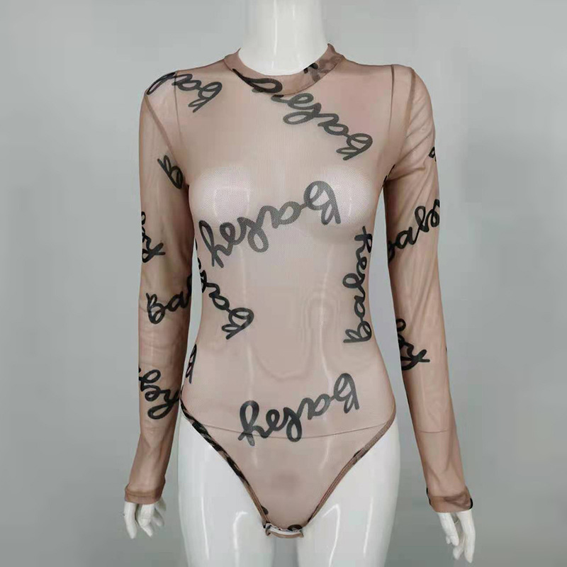 Estilo europeo y americano 2023 verano nuevas mujeres cuello redondo manga larga Camiseta ver-a través de malla sexy mono Delgado