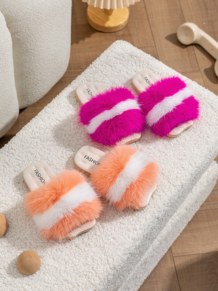 Korean version of shoes for casual girls, imitating fox fur. Autumn warm plush slippers are versatile fashionable both_voghion.com