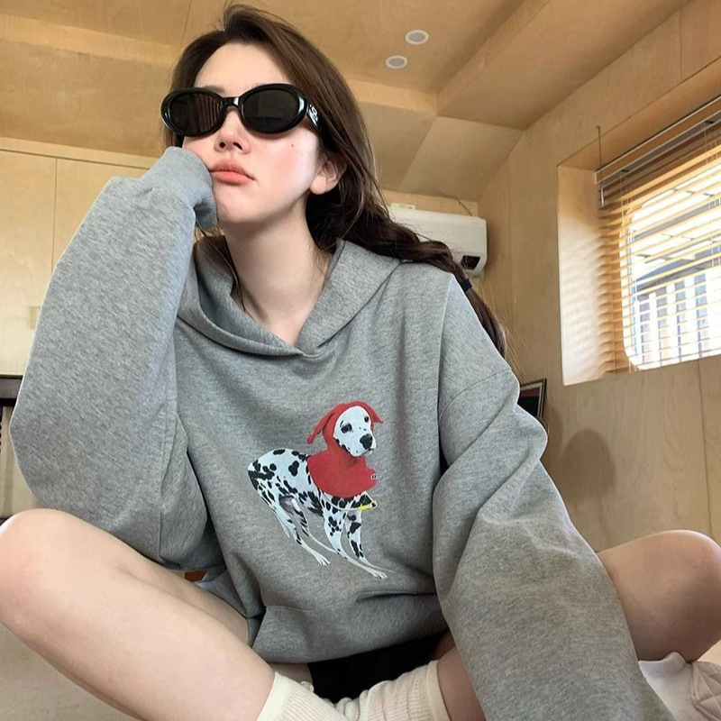 2025 Autumn and Winter New Korean Style Turban Spotted Dog Print Loose Long-Sleeved Hooded Warm Pullover Sweatshirt for Women