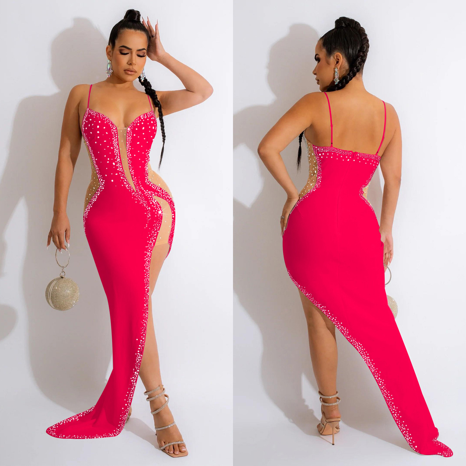 C6039 AliExpress Amazon moda europea y americana de las mujeres de color sólido rhinestone vestido con cuello en V sin mangas correa de hombro vestido de las mujeres image 4
