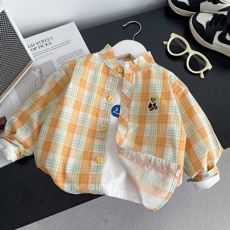 2025 primavera y otoño nueva ropa infantil para niños mangas largas camisa bordada de dibujos animados para niños delgada chaqueta transpirable a cuadros extranjeros