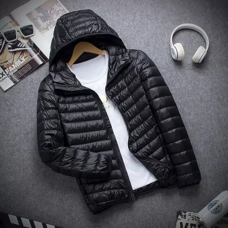 Light and thin men's down jacket with down with hood, plus size, slim fit