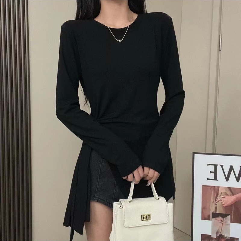 大码胖mm不规则开叉系带中长款长袖T恤女新款秋修身显瘦正肩上衣|undefined