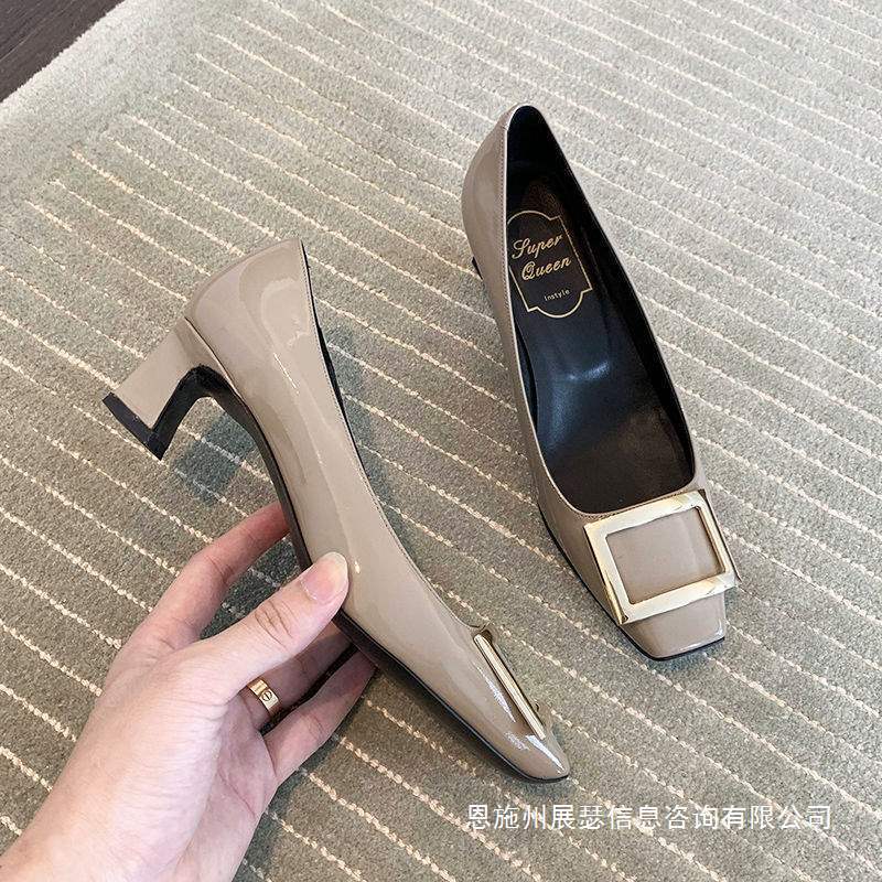 [1506 People] Rv Women's Shoes Square Buckle Classic Chunky Heel Pumps Spring and Autumn French High Heels Square Toe Style