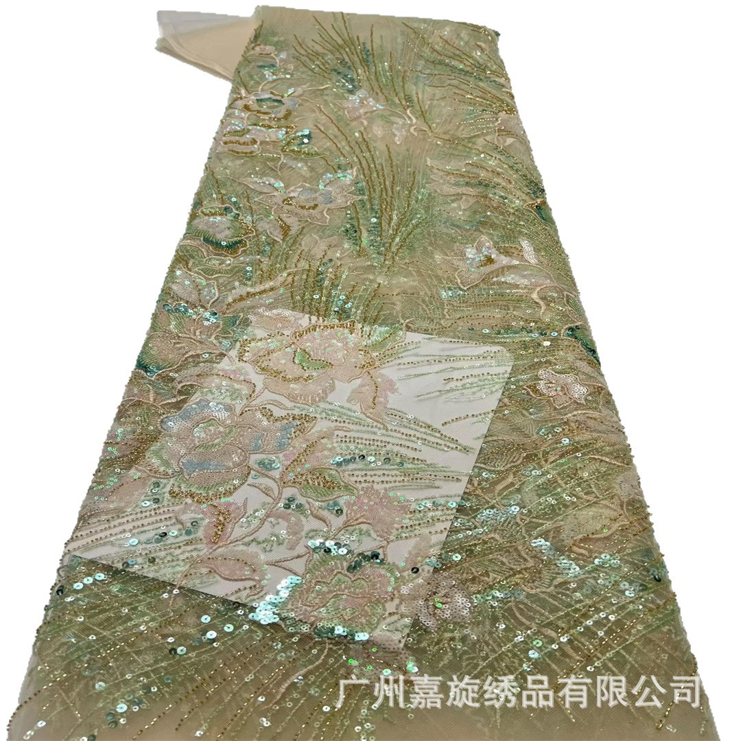 Tela de encaje para vestido de novia, bordado africano a máquina con lentejuelas de colores y cuentas tubulares, tela para vestido de noche.