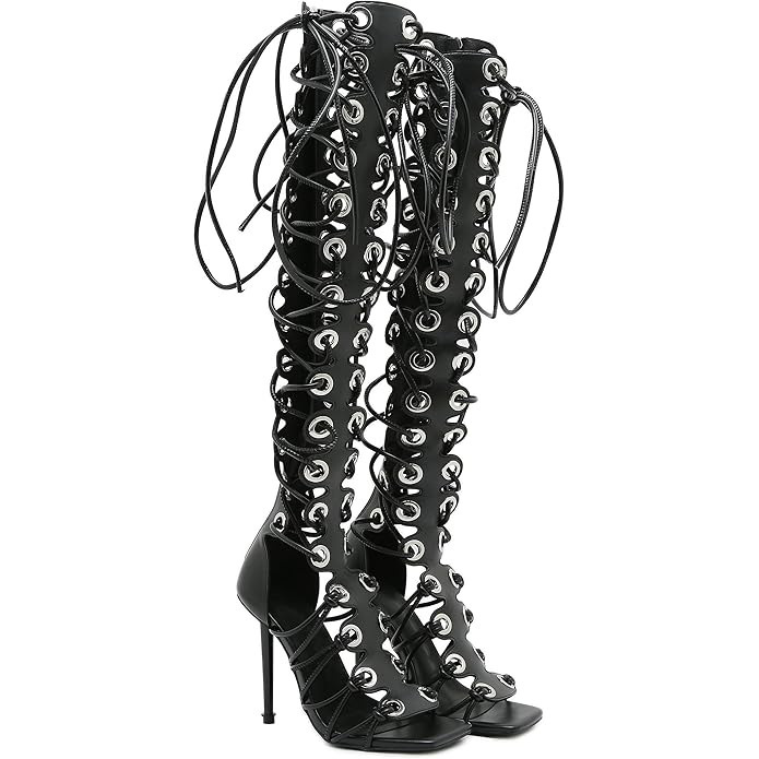 Cross-Border Fashion Runway Style Stiletto High-Heeled Knee-High Women's Sandals with Back Zipper, Circle Straps, Open-Toe Over-The-Knee Long Boots, Women's Sandals
