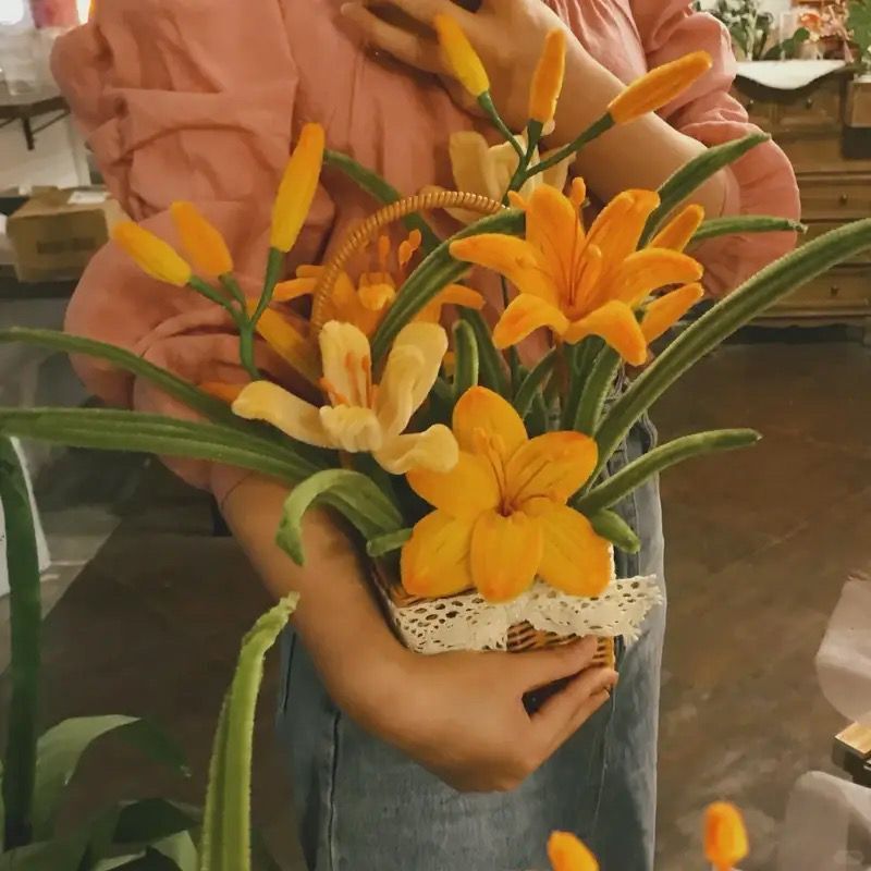 ツイストスティックフラワーバスケットDIY花束材料パック、自作ひまわり、チューリップ、アーチ型完成花、友達へのプレゼント、知育玩具|undefined