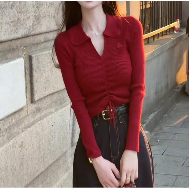 レッドウェア V ネックセーター女性のための 2024 新しい秋スリムフィット見栄えの良いトップ巾着長袖セーター|undefined