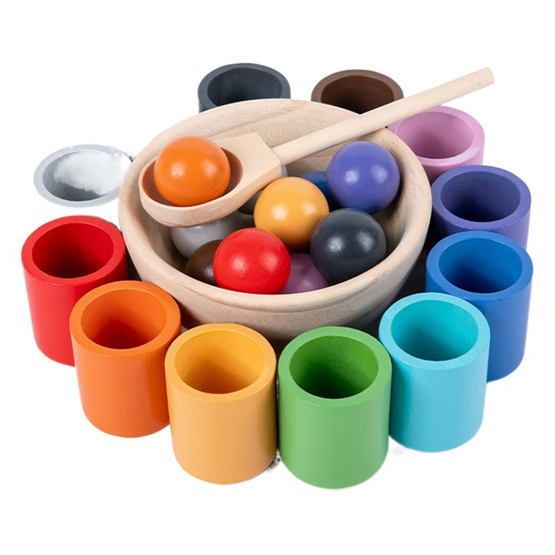 Bola del arco iris Montessori juguetes en taza de madera color clasificación taza juego y contando preescolar aprendizaje educación