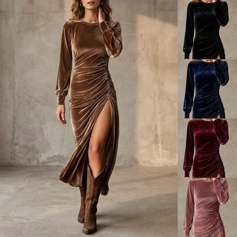 Cross-Border European and American Autumn Women's Dress with a High-End Fashion Design, Niche Style, Waist-Cinching, Round-Neck Velvet Dress for Women Cross-Border European and American Autumn Women's Dress with a High-End Fashion Design, Niche Style, Waist-Cinching, Round-Neck Velvet Dress for Women