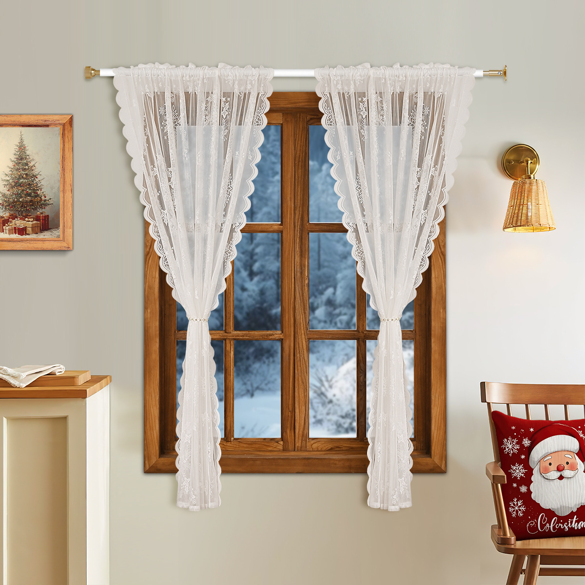 Nuevo espejo transfronterizo copo de nieve ventana de tela de barra de presión de hilo de encaje de acero cortinas de sombra decoración de sala de estar TEMU