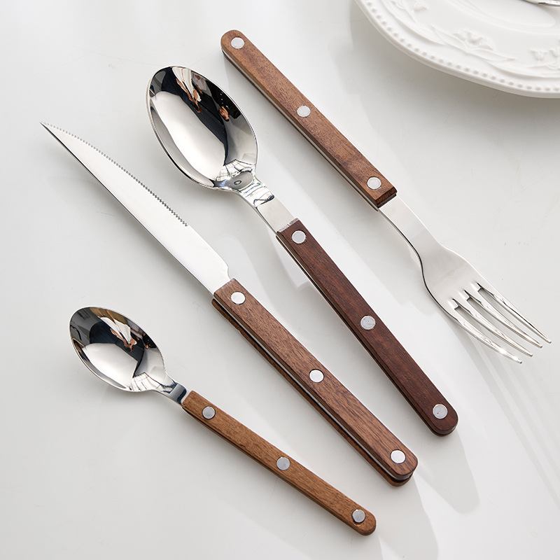 Bistec de acero inoxidable 304, cuchillo y tenedor, imitación de grano de madera, mango de tres clavos, vajilla, cuchillo, tenedor y cuchara de comida occidental, juego de cuchara de postre de alta calidad