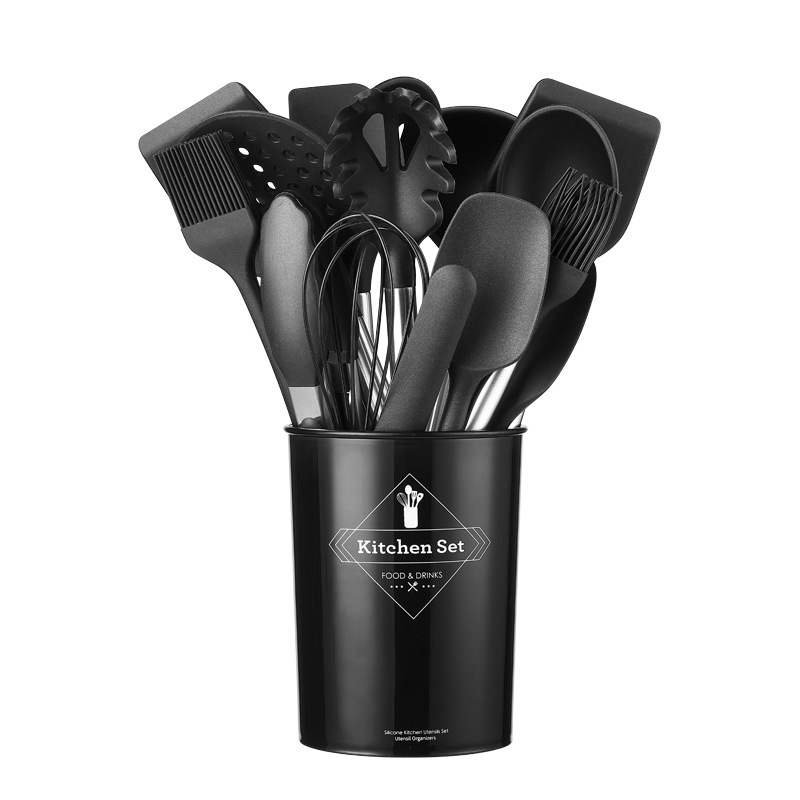 Juego de utensilios de cocina de silicona de cocina transfronteriza, mango de acero inoxidable, utensilios de cocina de silicona, cuchara de cocina, pala, suministro directo de fábrica de grado alimenticio